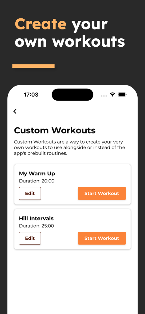 Treadmill Workout: Running - Smartphone-Bildschirm, der benutzerdefinierte Laufband-Workout-Optionen wie Aufwärmen und Steigungsintervalle mit Start-Buttons anzeigt