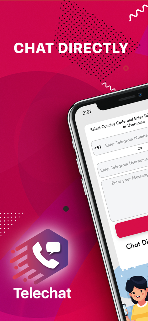Telechat - Direct Telegram - Interface do aplicativo Telechat para enviar mensagens diretas do Telegram sem salvar contatos