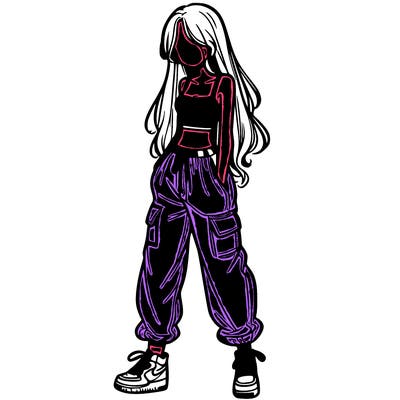 girl in baggy pants crop top and long hair