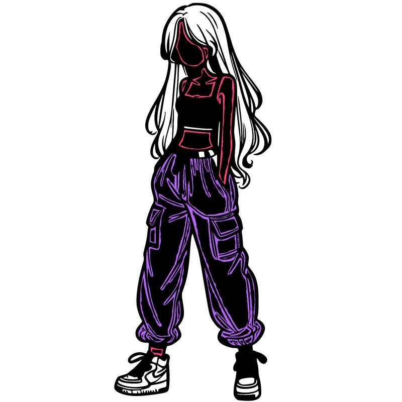 girl in baggy pants crop top and long hair