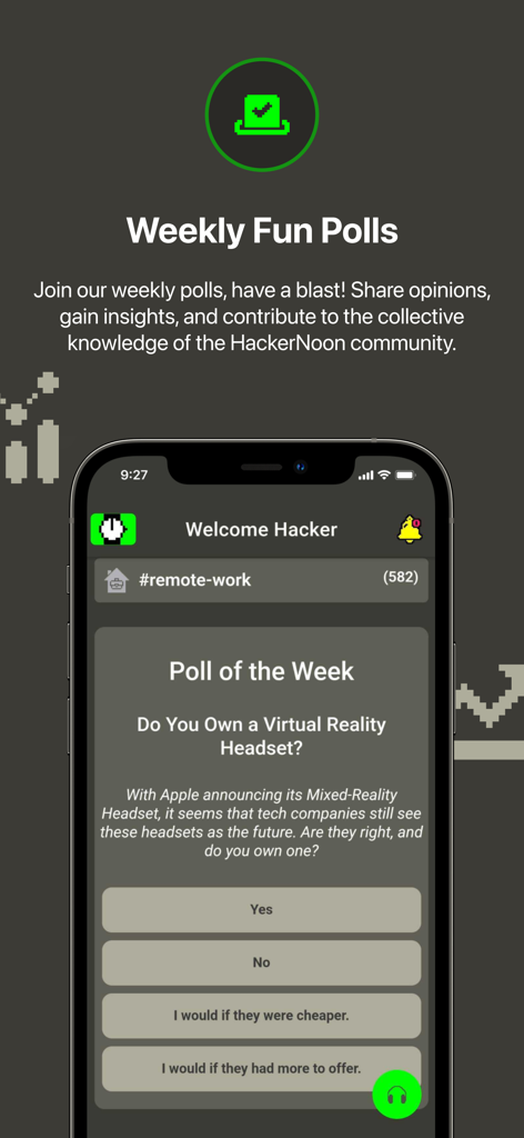 HackerNoon app interface showing a weekly community poll about virtual reality