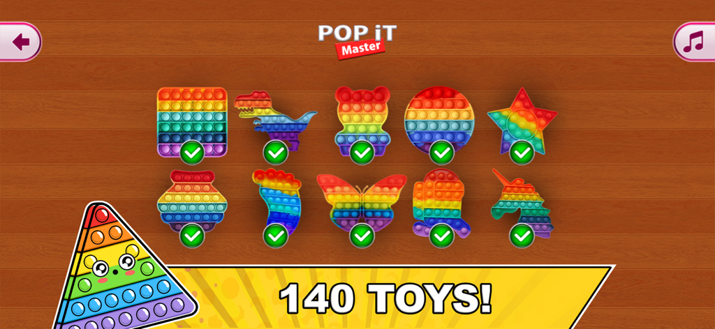 A collection of various rainbow colored fidget toys in different shapes within the Pop it Master app.