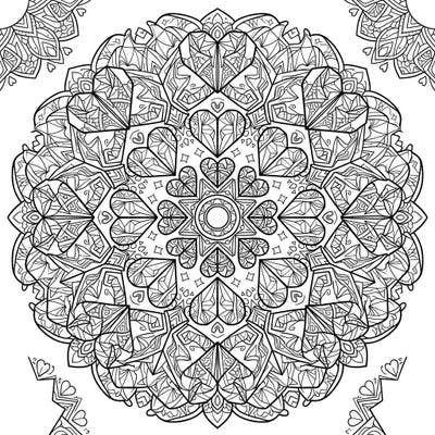 Immerse yourself in the captivating beauty of this intricate mandala, where delicate origami hearts form a mesmerizing symmetrical pattern. Perfect for moments of relaxation and artistic expression, this design promises a rewarding coloring experience.
