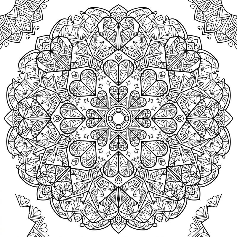 Immerse yourself in the captivating beauty of this intricate mandala, where delicate origami hearts form a mesmerizing symmetrical pattern. Perfect for moments of relaxation and artistic expression, this design promises a rewarding coloring experience.