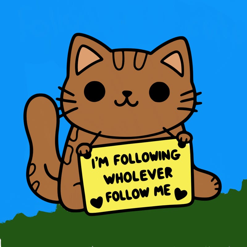 cat with a sign that says i’m following whoever follows me