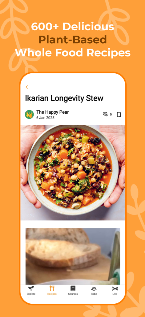 Tela móvel do aplicativo Plant Based Recipe Club com uma receita de ensopado de longevidade.