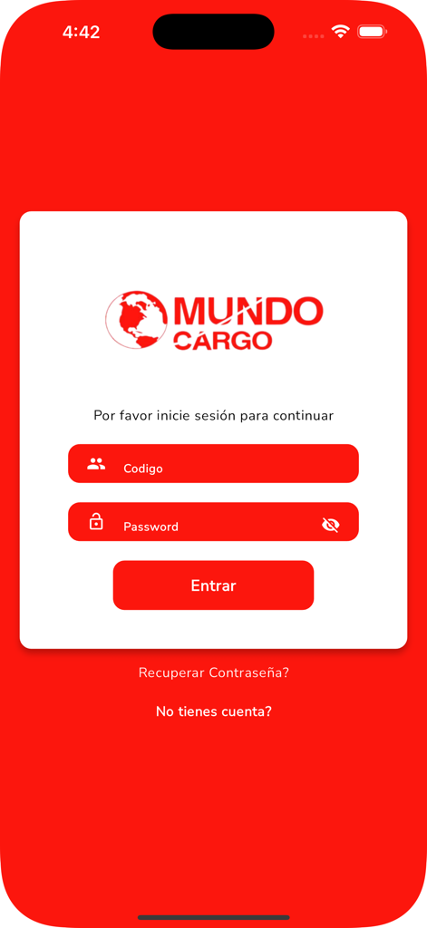 Tela de login do aplicativo móvel Mundo Cargo com campos para código de usuário e senha