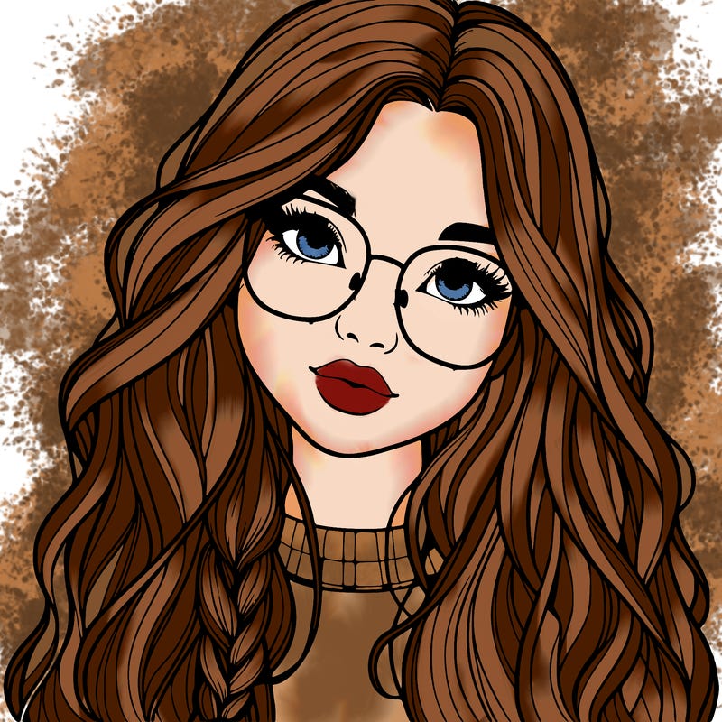 girl with long hair and freckles and glasses realistic