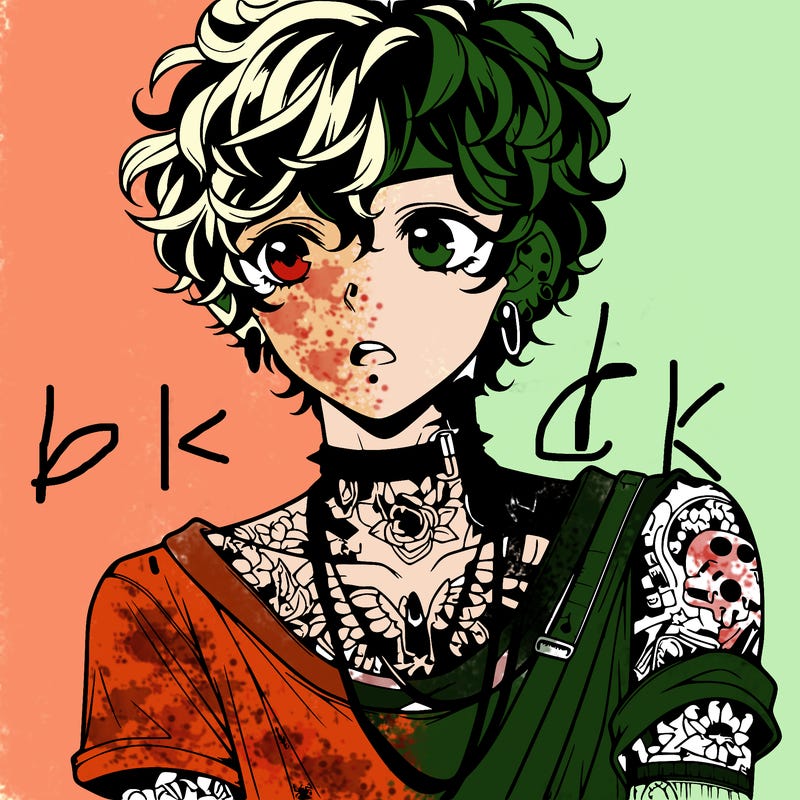 teen anime boy with curly hair  goth shirt lots of tattos and piercings