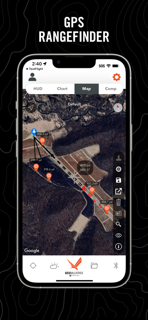 GeoBallistics - GeoBallistics app GPS rangefinder interface showing satellite imagery with distance pins and target markers