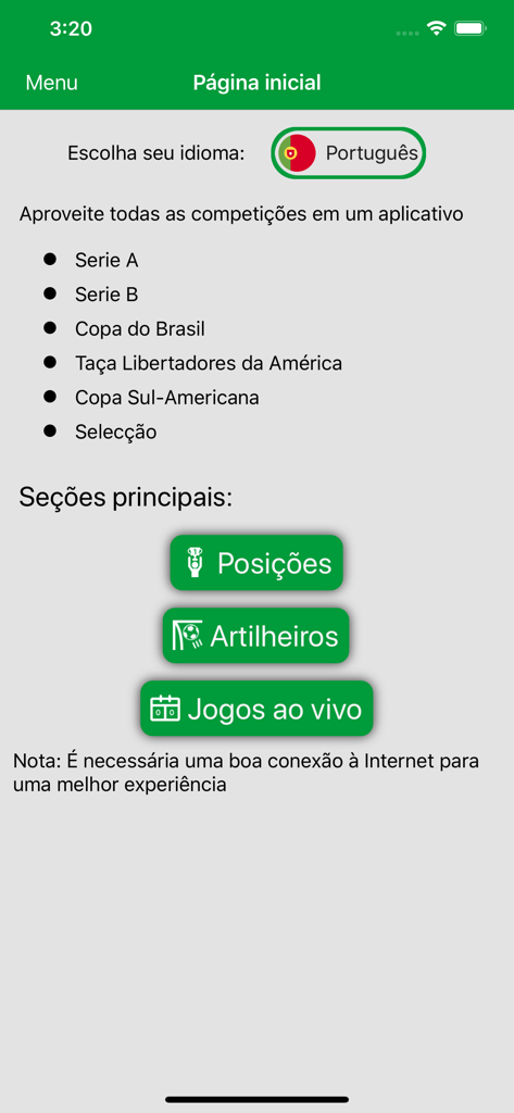 Pantalla de inicio de la aplicación Brazilian Soccer Live mostrando una lista de competiciones de fútbol y botones de navegación para clasificaciones y resultados en vivo en portugués