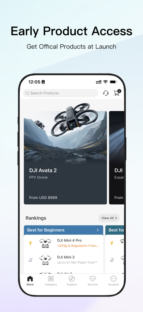 The DJI Store app interface showcasing official products and drone rankings.