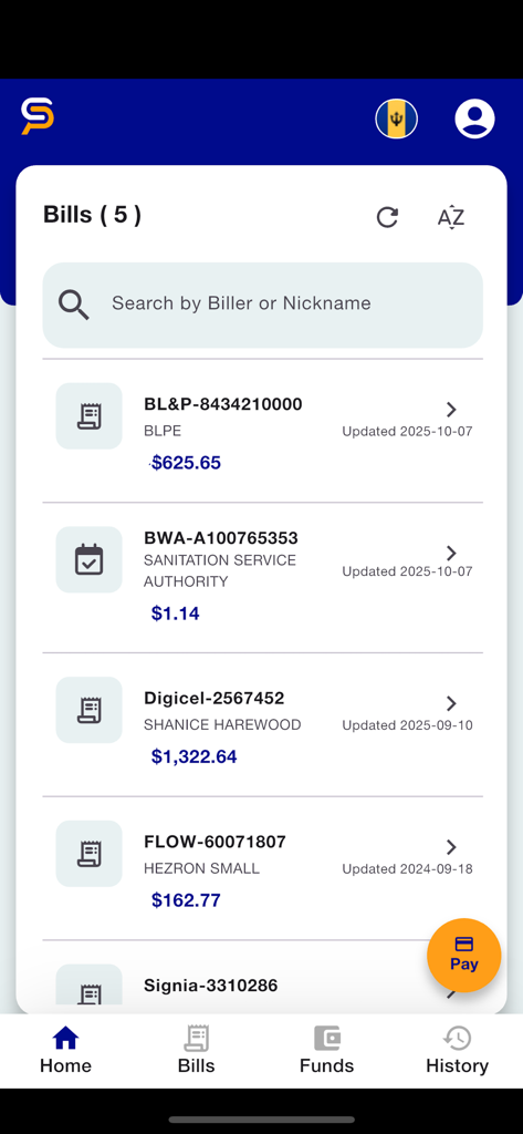 List of utility bills and balances in the SurePay Mobile app