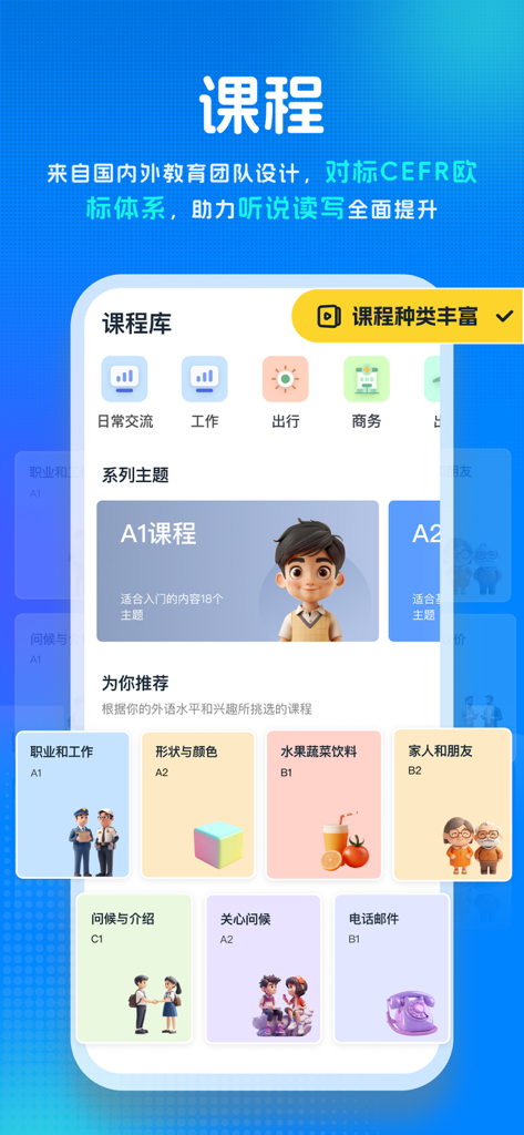 新述口语-AI练口语背单词、AI外教学英语、剑桥、雅思模考 - Interface of Newsay app displaying English learning modules by CEFR levels and topics