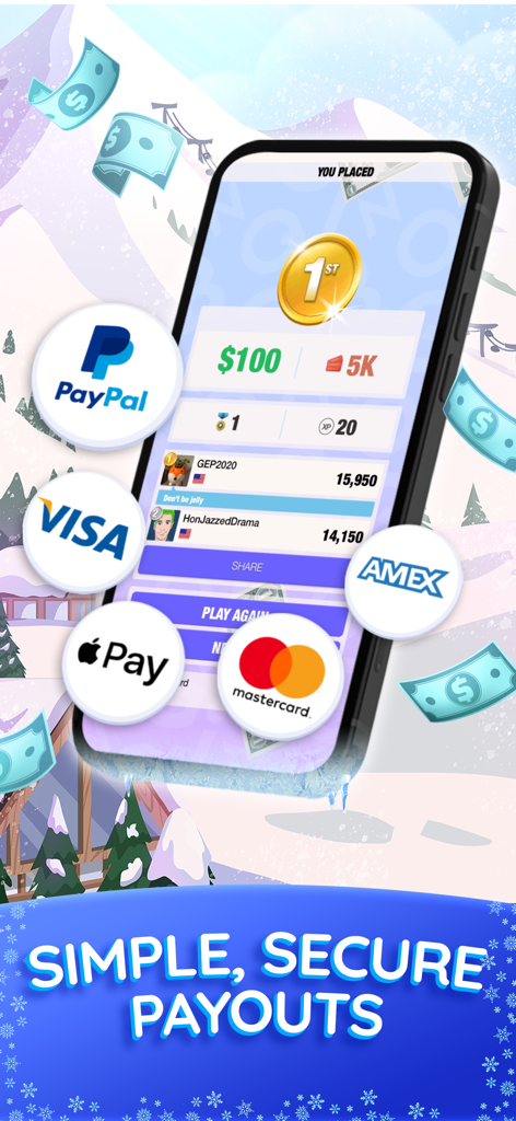 Blackout Bingo app screen showing secure payout options including PayPal, Visa, Mastercard, and Apple Pay