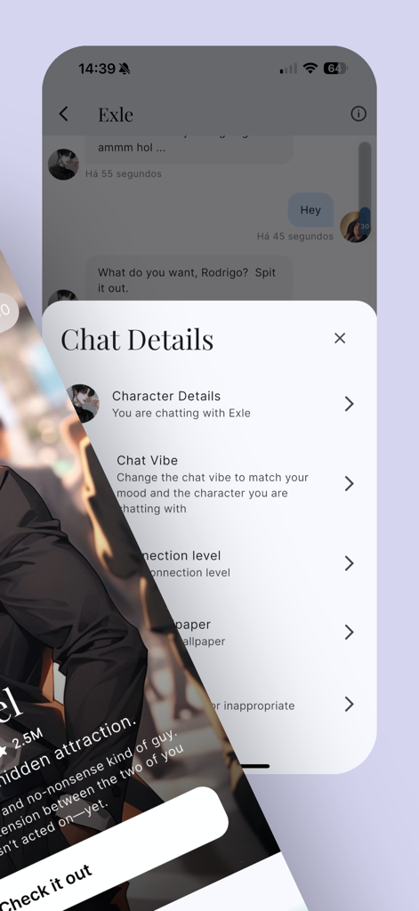 ArcanaAI: AI Roleplay Chat - ArcanaAI mobile app screenshot showing chat details menu with character customization and vibe settings