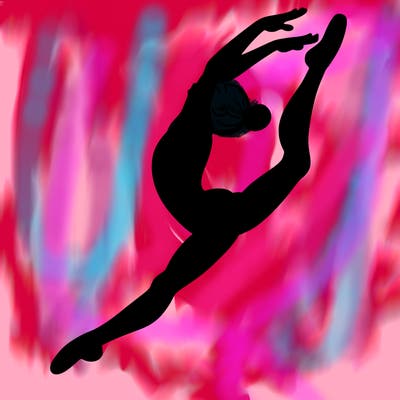 gymnast doing a leap in a leotard with a bent back leg