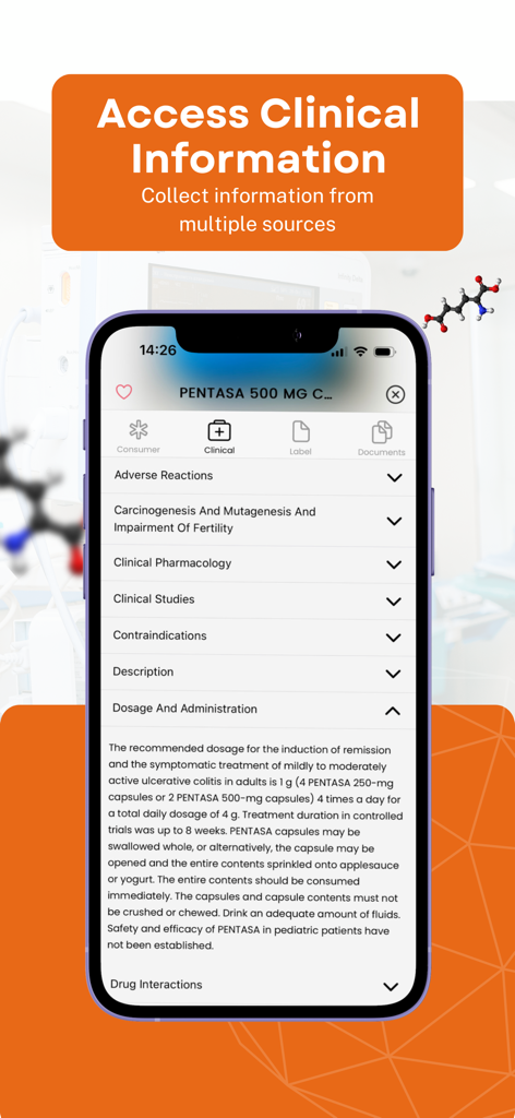 Smart Pill ID - Identify Drugs - Écran de l'application Smart Pill ID affichant les informations cliniques sur le médicament et les instructions de dosage
