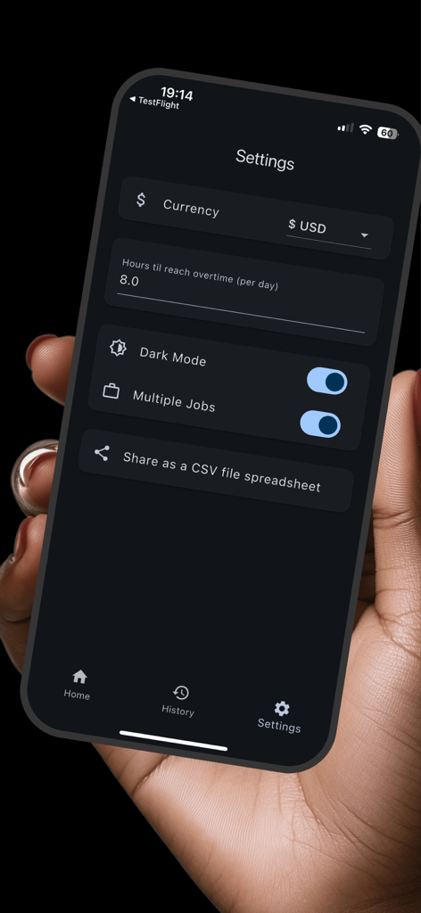 Pantalla de configuración de la aplicación Punchcard que muestra el umbral de horas extra y las opciones de modo oscuro