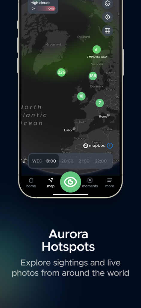 Hello Aurora - Aurora Forecast - A global map within the Hello Aurora app showing real-time northern lights sightings and hotspots with user report numbers.