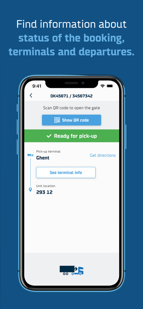 DFDSアプリのゲントターミナルでのピックアップ準備完了を示す貨物予約ステータス画面。