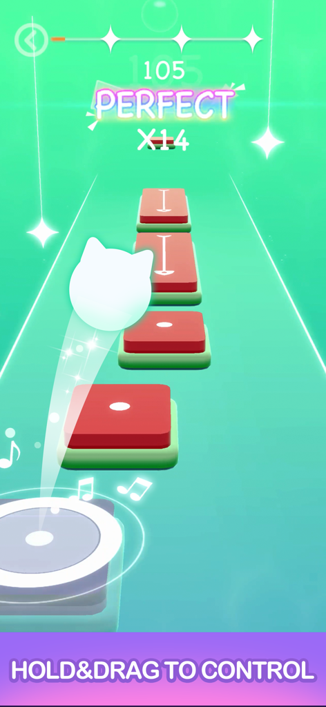 Magic Cats Rush: Music Games - Gameplay von Magic Cats Rush, das eine Katze zeigt, die mit einem perfekten Punktemultiplikator auf Kacheln springt