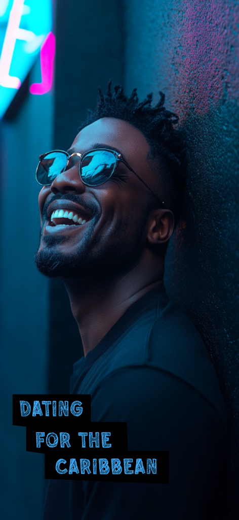 Smiling Caribbean man with locs and sunglasses on a dating app screen.