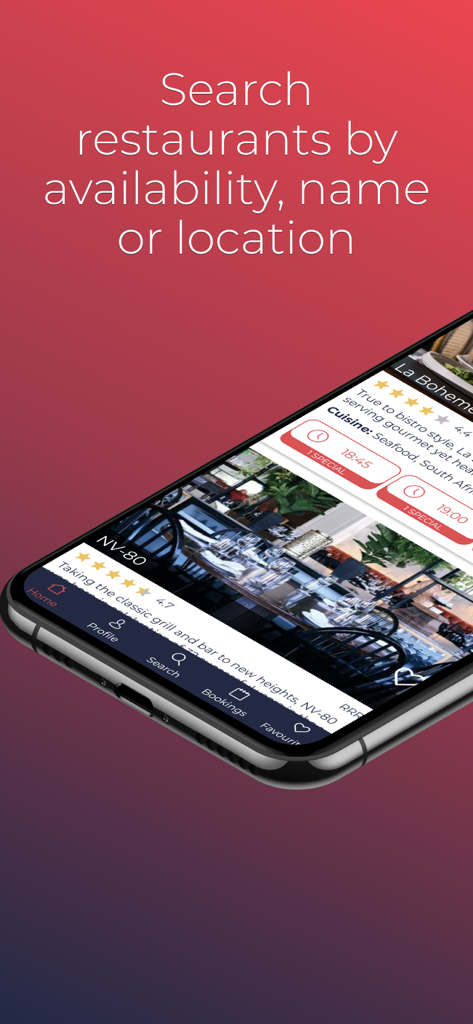 Dineplan mobile app showing restaurant search results by availability name and location