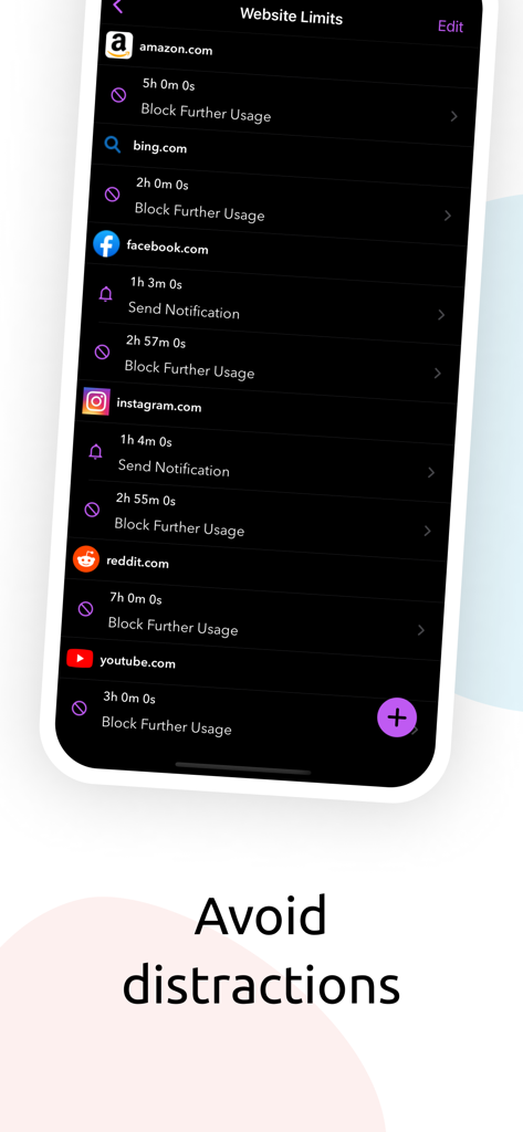StayFree - Block Apps & Sites - Interfaz de la aplicación StayFree mostrando límites de uso de sitios web y configuraciones de bloqueo para redes sociales y sitios de compras para evitar distracciones.