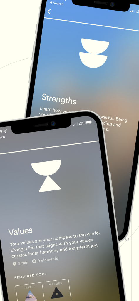 Dimensional: Personality Test - Interfaz de la aplicación Dimensional mostrando secciones de fortalezas y valores de personalidad en dos iPhones.