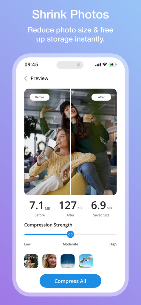 Interface of the Cleaner Kit app showing the Shrink Photos feature with a before and after size comparison to save storage space.