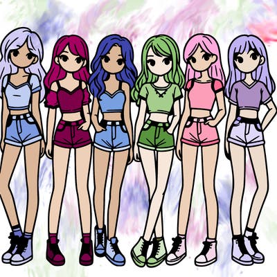 a group of girls wearing crop tops and shorts