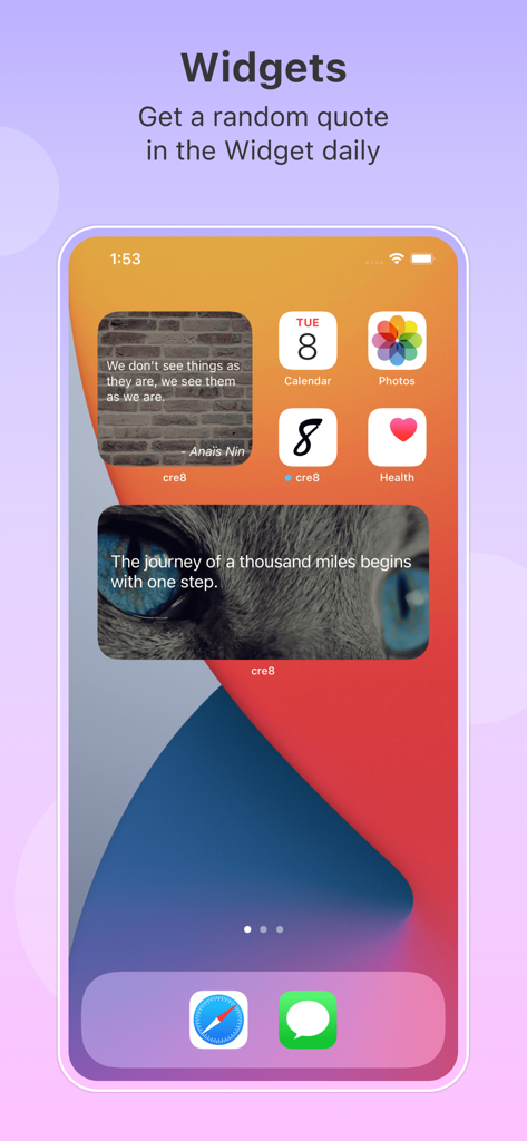 Cre8 - Photo Editor & Drawing - iPhone home screen with Cre8 app widgets displaying daily inspirational quotes