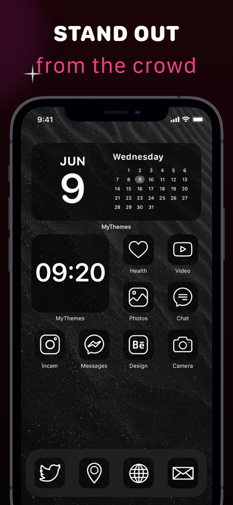 Themes Widgets Icon, Screen 14 - Minimalist dark iPhone home screen with custom calendar and clock widgets