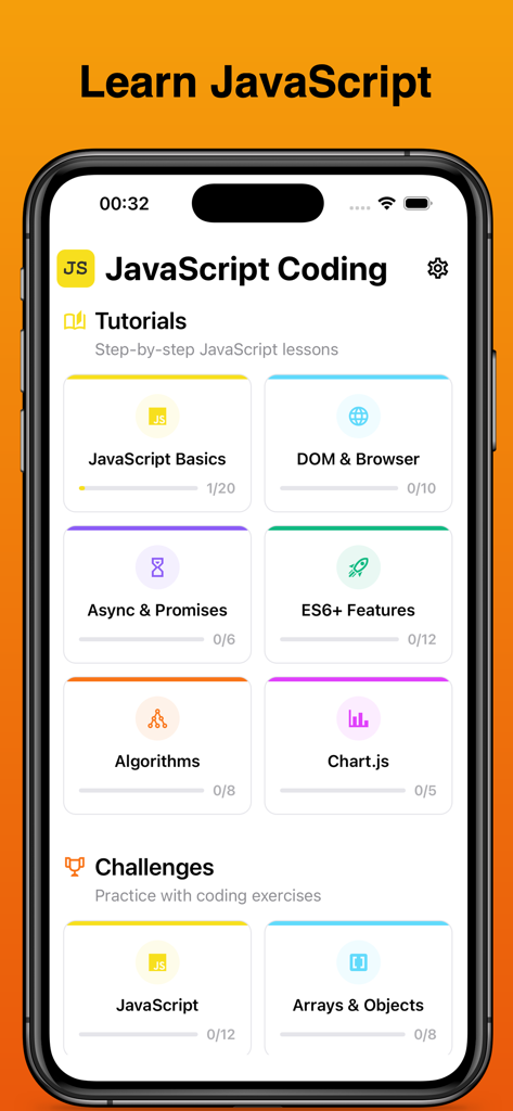 JavaScript Coding - チュートリアルカテゴリとコーディングチャレンジを示すJavaScriptコーディングアプリのダッシュボード