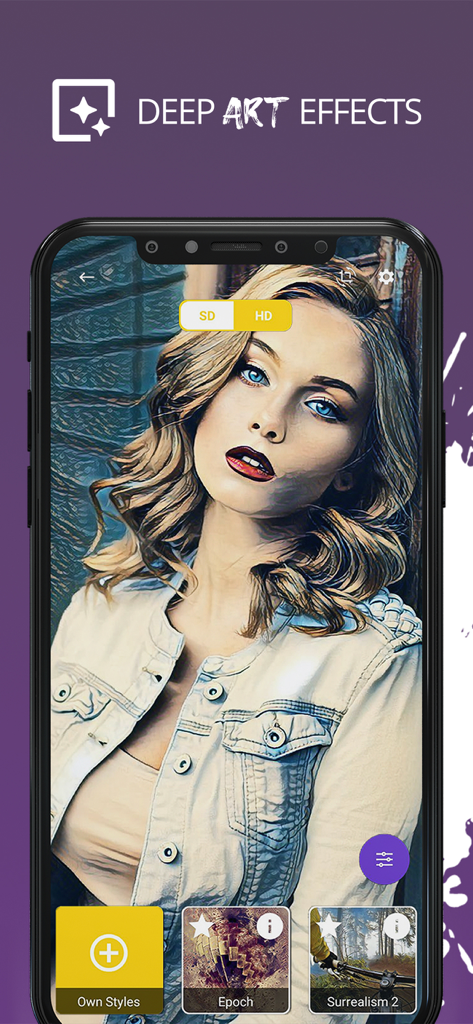 DeepArtEffects AI Foto-Editor App-Oberfläche mit einem künstlerischen Porträtfilter und Stilwahl