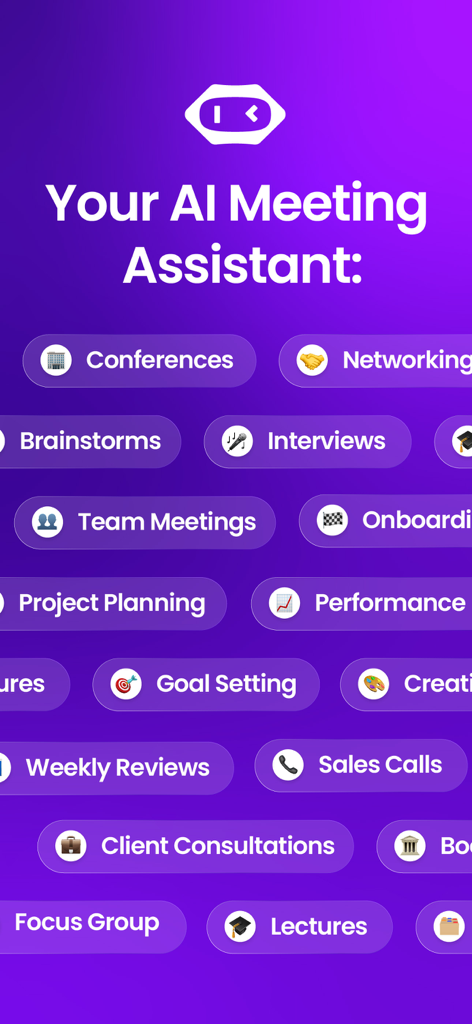 Smart AI Note Taker - MeetGeek - MeetGeek AI Meeting Assistant interface displaying various meeting types such as sales calls and interviews