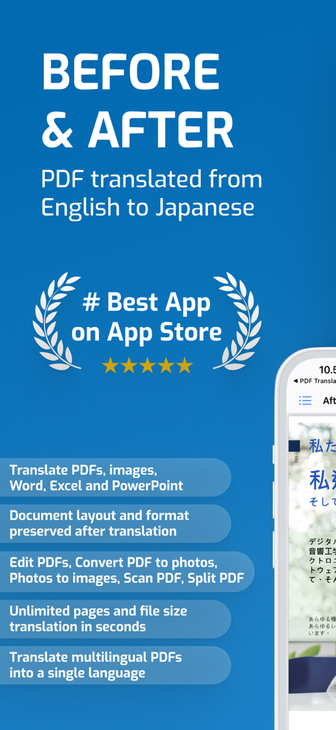 PDF and Word Translator app screenshot showing a document translated from English to Japanese with preserved layout and list of productivity features.
