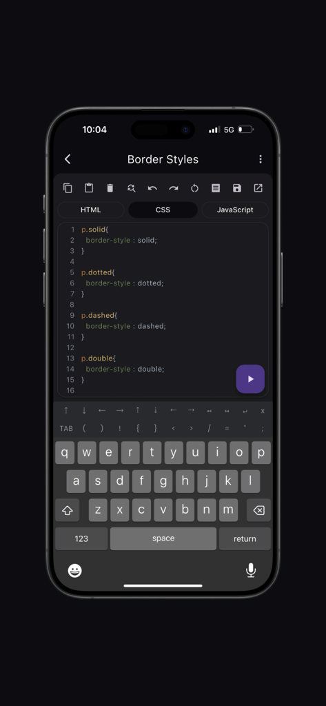 Interfaz de editor de código móvil que muestra resaltado de sintaxis CSS y un teclado personalizado con símbolos de codificación
