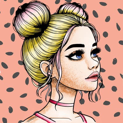 realistic girl with buns on the top of her head