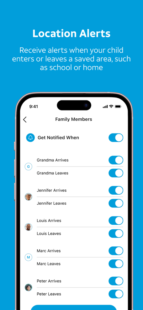 AT&T Secure Family® parent app - A smartphone screen showing the location alerts settings in the AT&T Secure Family app for multiple family members.