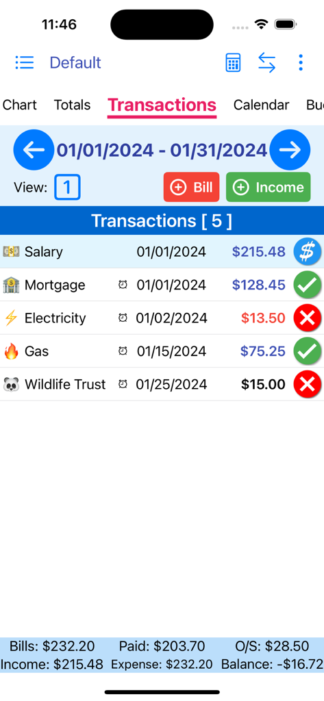 MoBill Budget - MoBill Budget app transaction screen showing a monthly list of income and bills with payment status icons