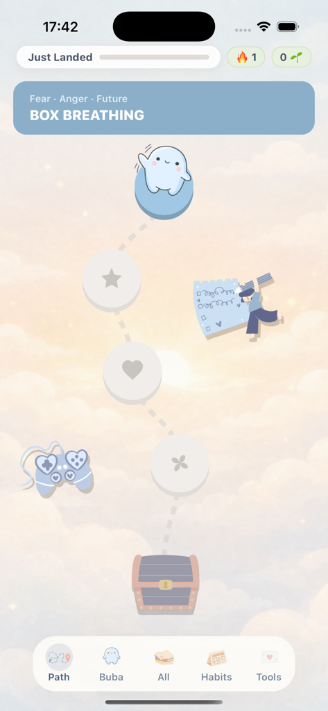 Buba – self-care buddy - Una captura de pantalla de la aplicación Buba que muestra un camino gamificado de autocuidado con una linda mascota de personaje azul y ejercicios de respiración