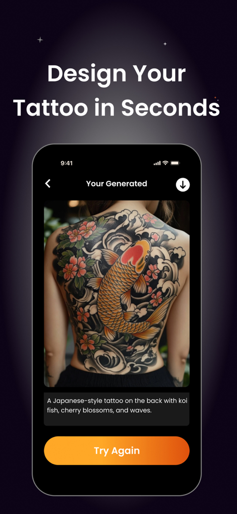 AI Tattoo Generator & Ink AI - KI Tattoo Generator App zeigt ein Koi-Fisch-Tattoo im japanischen Stil auf einem Rücken