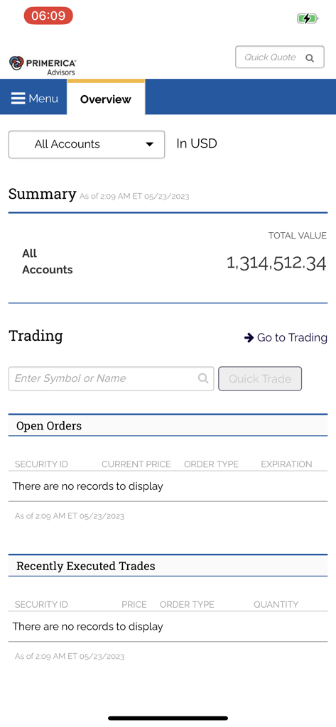 Primerica Advisors - Primerica Advisors mobile app showing account total value and trading summary
