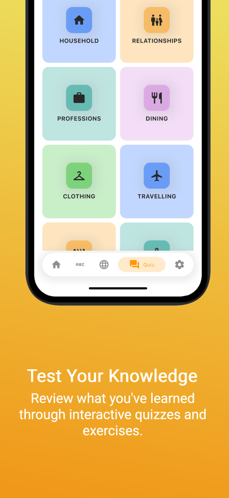 Interface do aplicativo Spreadthesign mostrando categorias de aprendizado de língua de sinais e um recurso de questionário