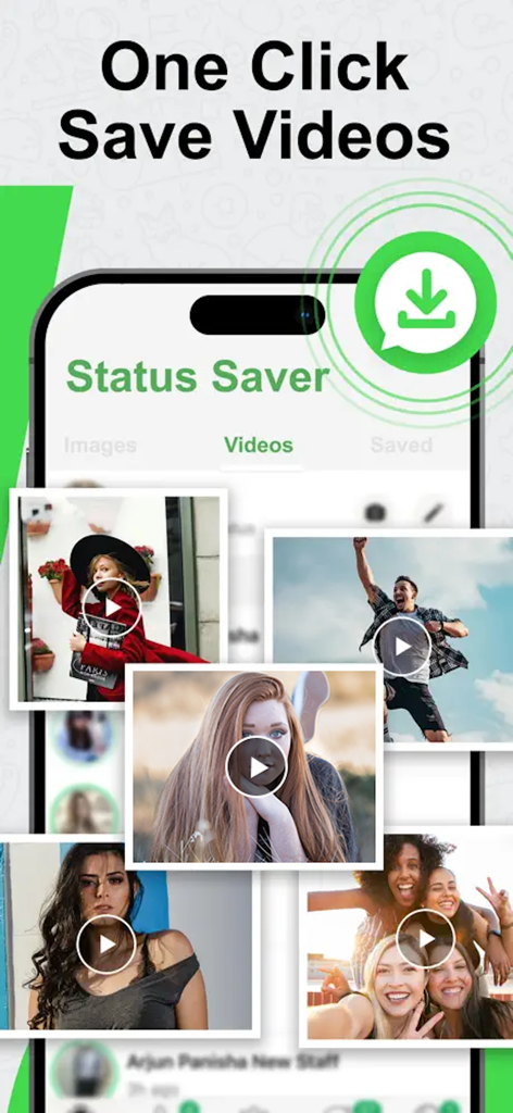 ProX : View once Photo Saver - Interfaz de la aplicación ProX que muestra la función de guardado de estados con miniaturas de video y un botón de descarga con un clic