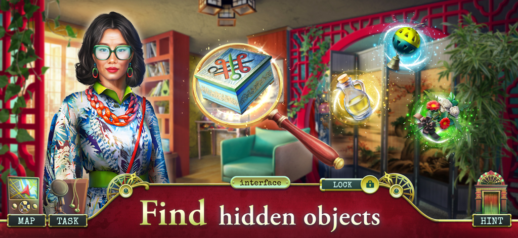 안경을 쓴 여성이 숨겨진 개체를 강조 표시하는 돋보기를 들고 미스터리 게임 장면에 서 있는 모습