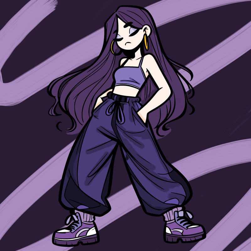 girl in baggy pants crop top and long hair