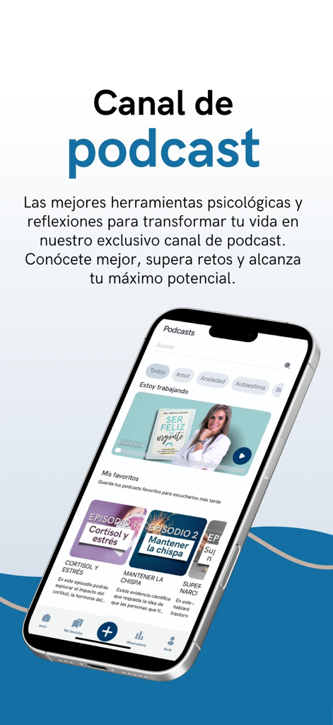 Psicovirtual - Psicovirtualアプリのインターフェース、ストレス、不安、自尊心に関するトピックを扱う心理学ポッドキャストチャンネルを表示